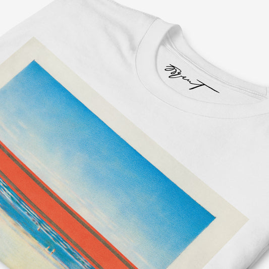 White unisex T-shitrt featuring large print of Erik Bulatov Red Horizon painting sketch showing people walking toward a massive red and gold Soviet ribbon on a beach. Closeup