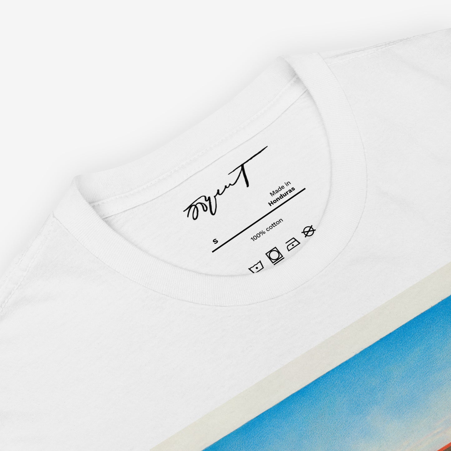 White unisex T-shitrt featuring large print of Erik Bulatov Red Horizon painting sketch showing people walking toward a massive red and gold Soviet ribbon on a beach. Necktag featuring Erik Bulatov's signature