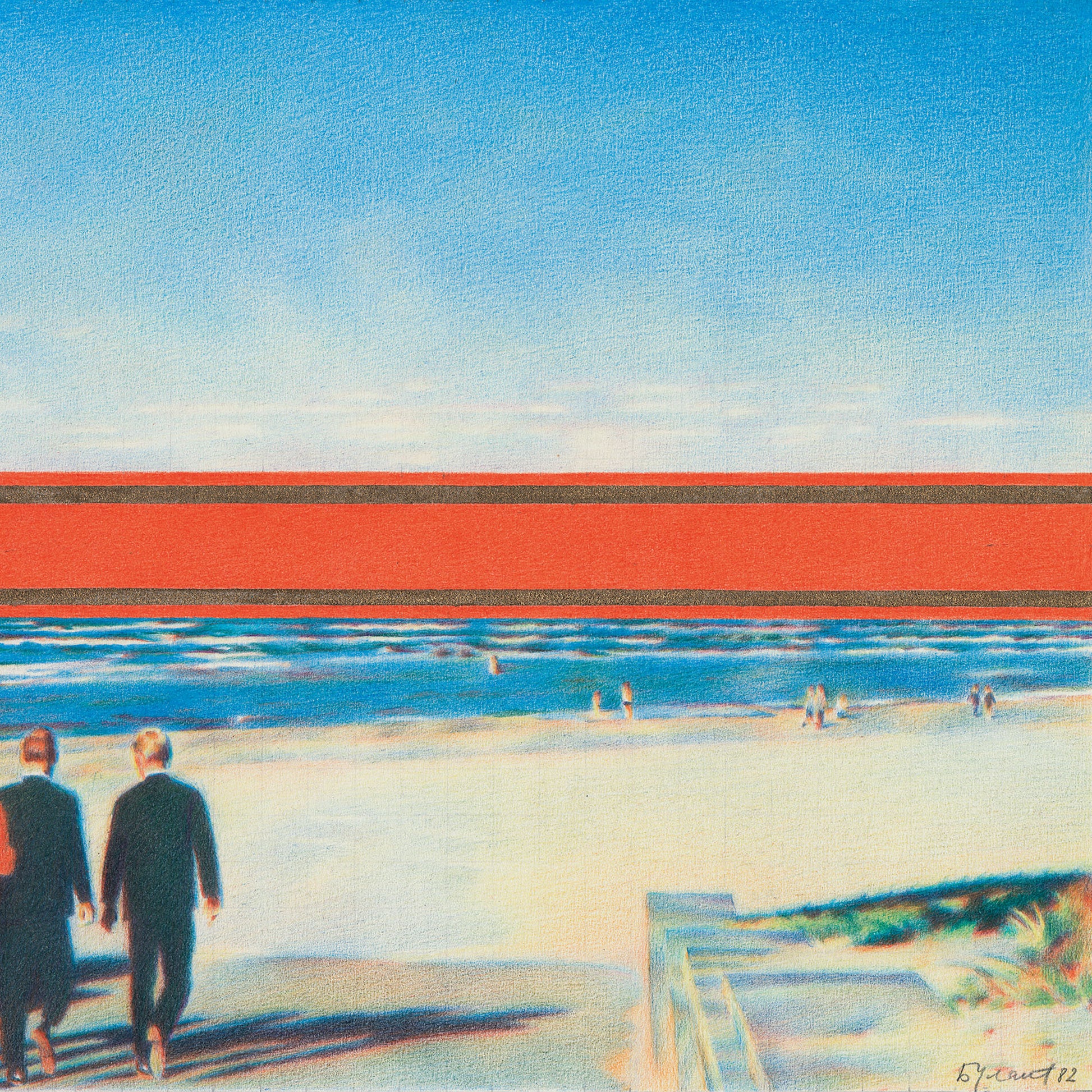 Erik Bulatov Red Horizon painting sketch print showing people walking toward a massive red and gold Soviet ribbon on a beach. Closeup