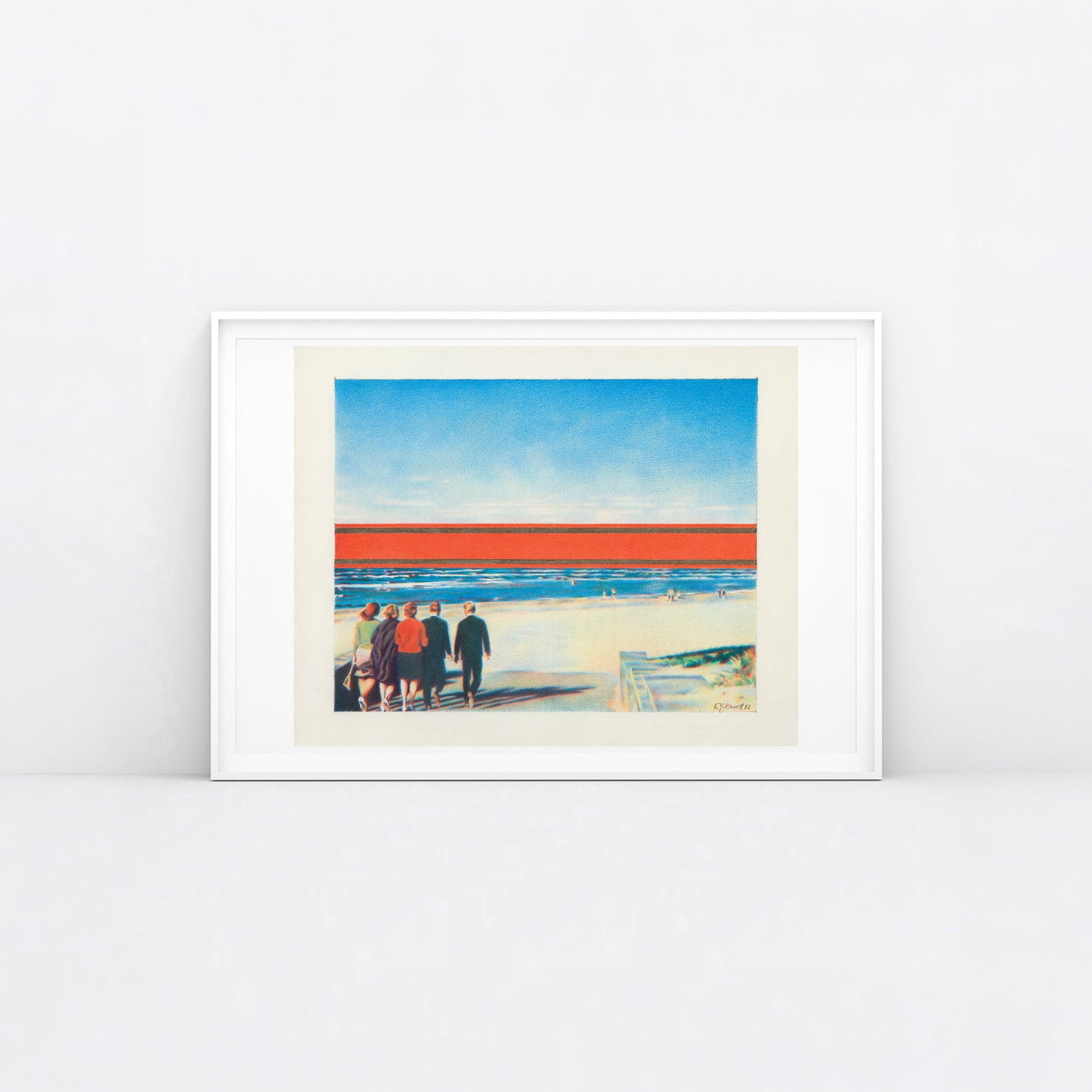 Erik Bulatov Red Horizon painting sketch print showing people walking toward a massive red and gold Soviet ribbon on a beach