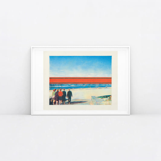 Erik Bulatov Red Horizon painting sketch print showing people walking toward a massive red and gold Soviet ribbon on a beach