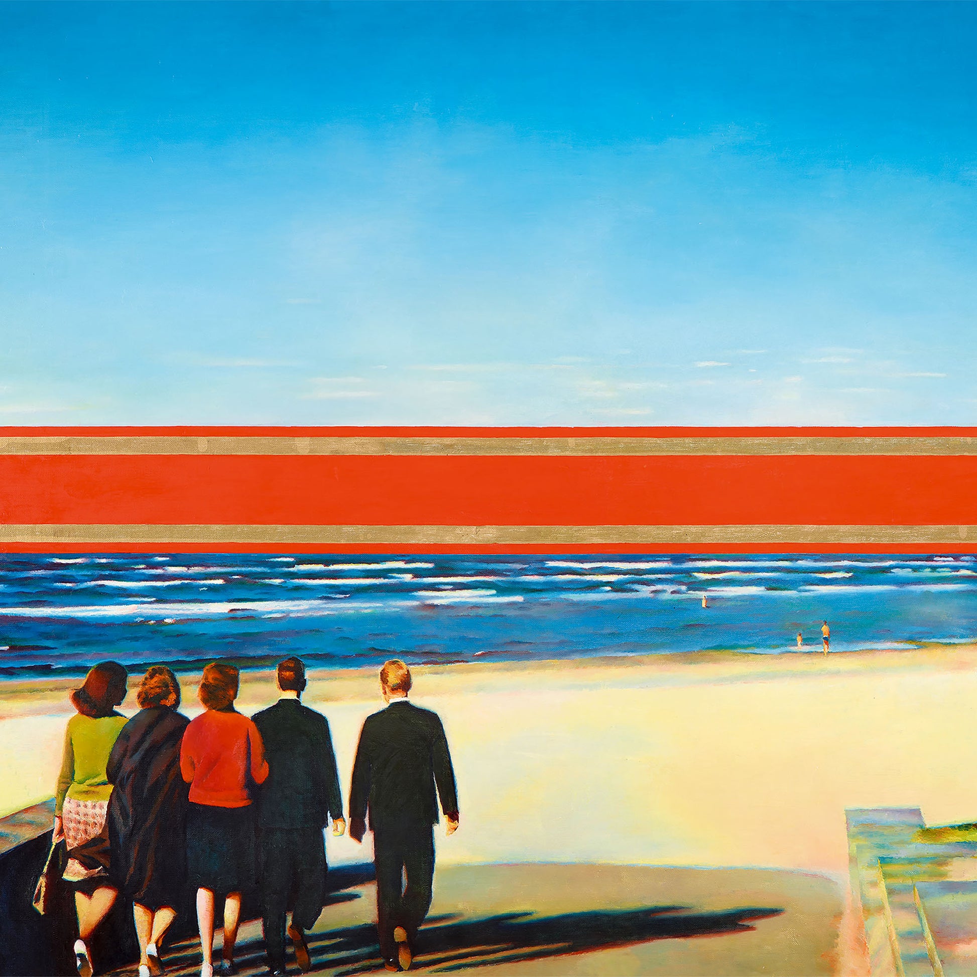 Erik Bulatov Red Horizon painting print showing people walking toward a massive red and gold Soviet ribbon on a beach. Closeup