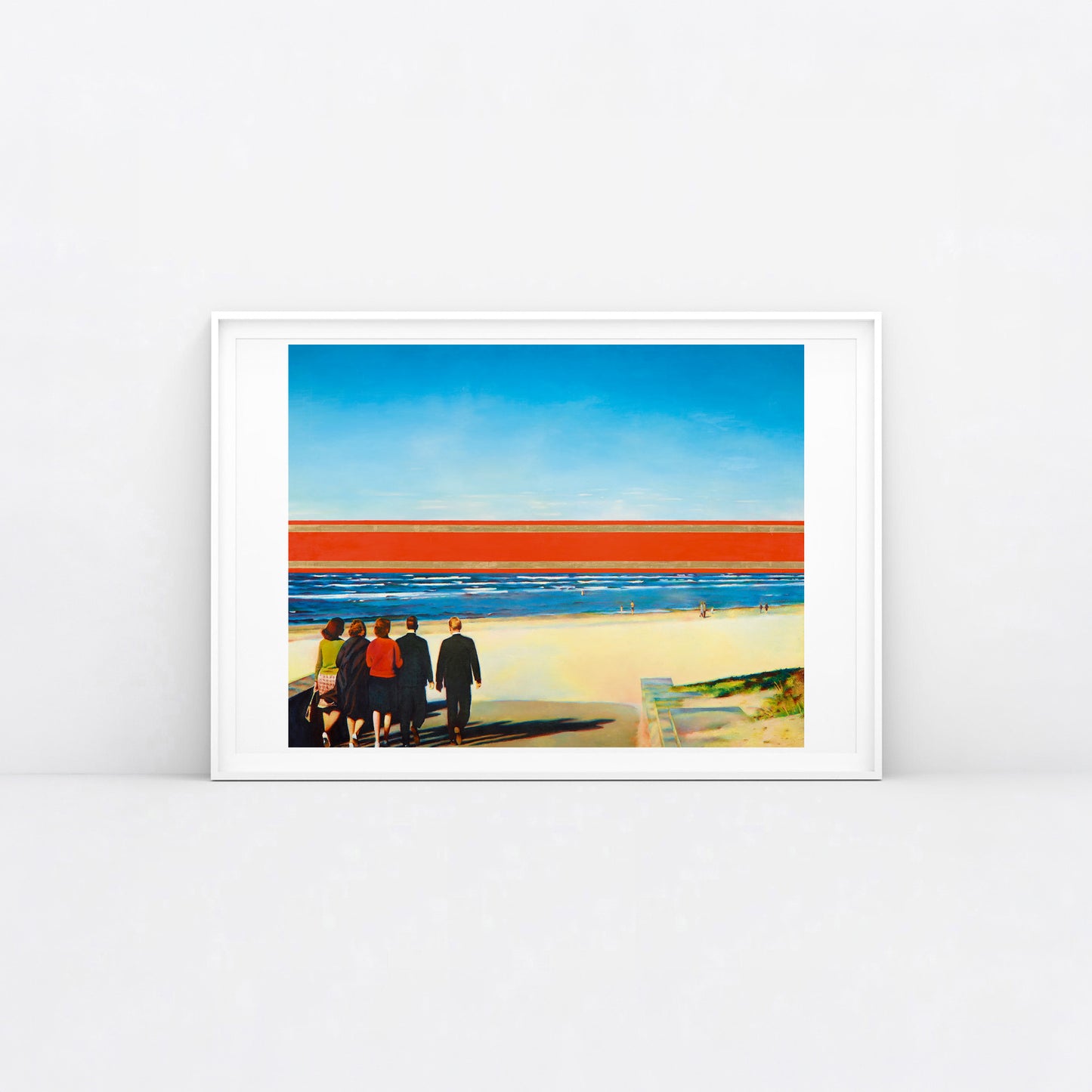 Erik Bulatov Red Horizon painting print showing people walking toward a massive red and gold Soviet ribbon on a beach