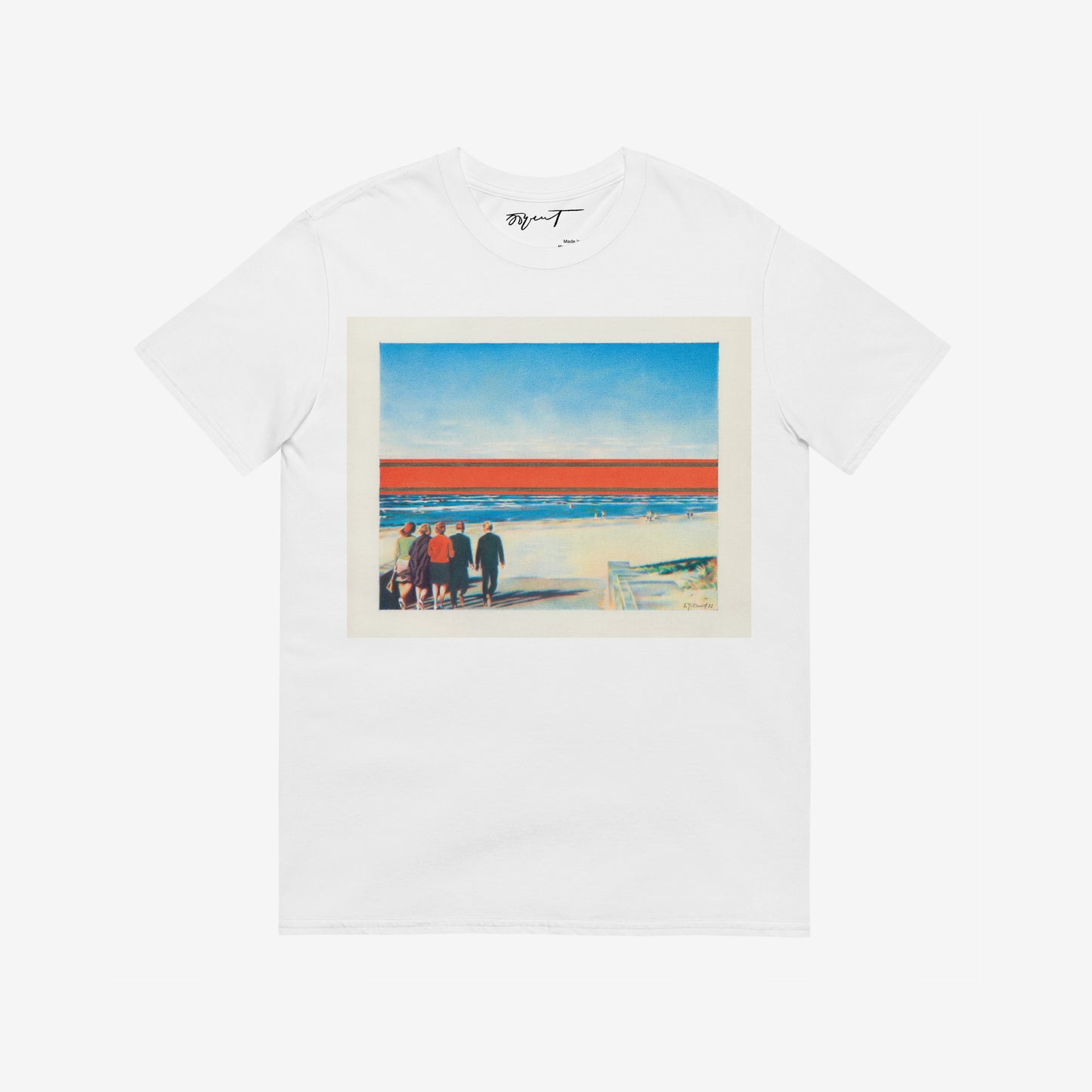 White unisex T-shitrt featuring large print of Erik Bulatov Red Horizon painting sketch  showing people walking toward a massive red and gold Soviet ribbon on a beach