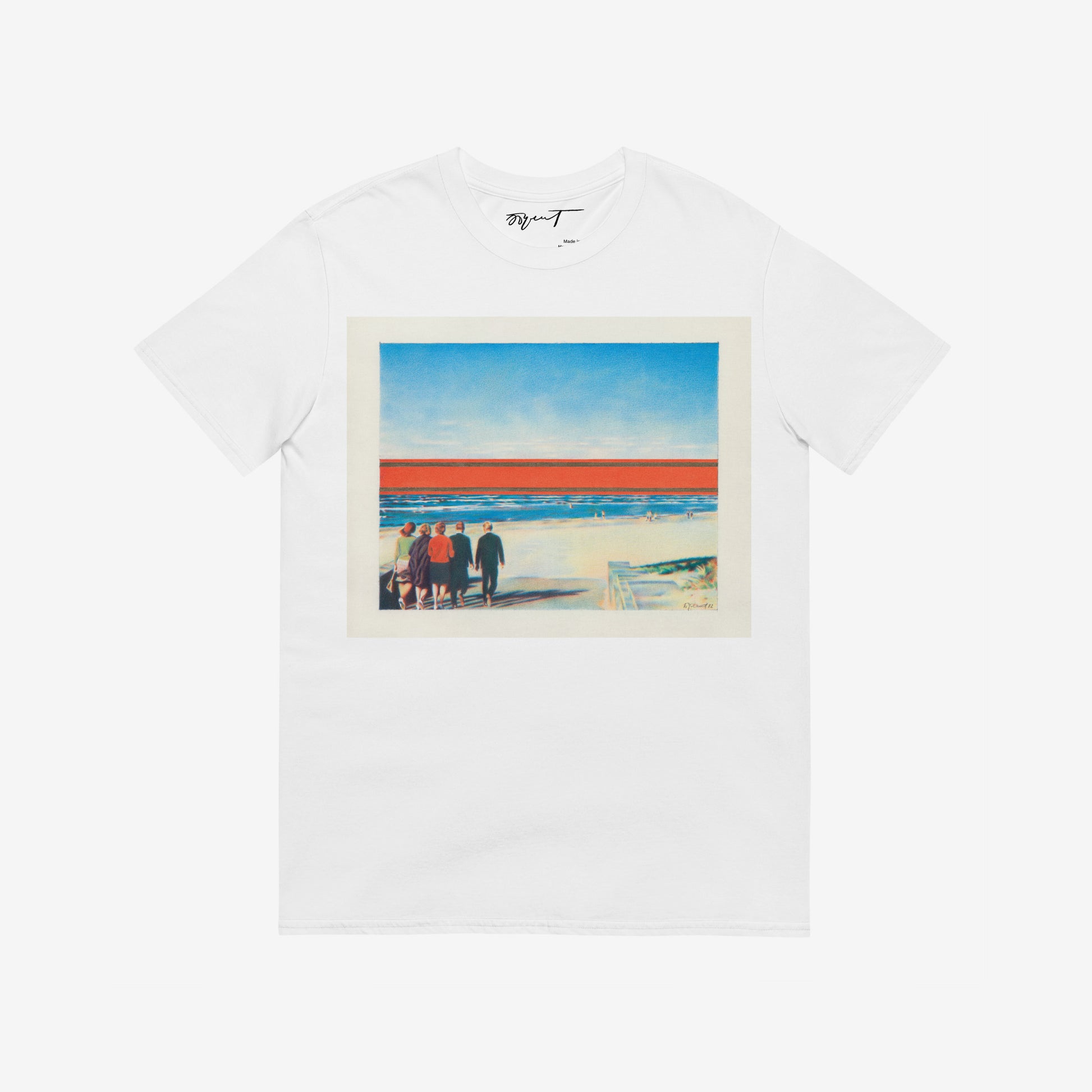 White unisex T-shitrt featuring large print of Erik Bulatov Red Horizon painting sketch  showing people walking toward a massive red and gold Soviet ribbon on a beach
