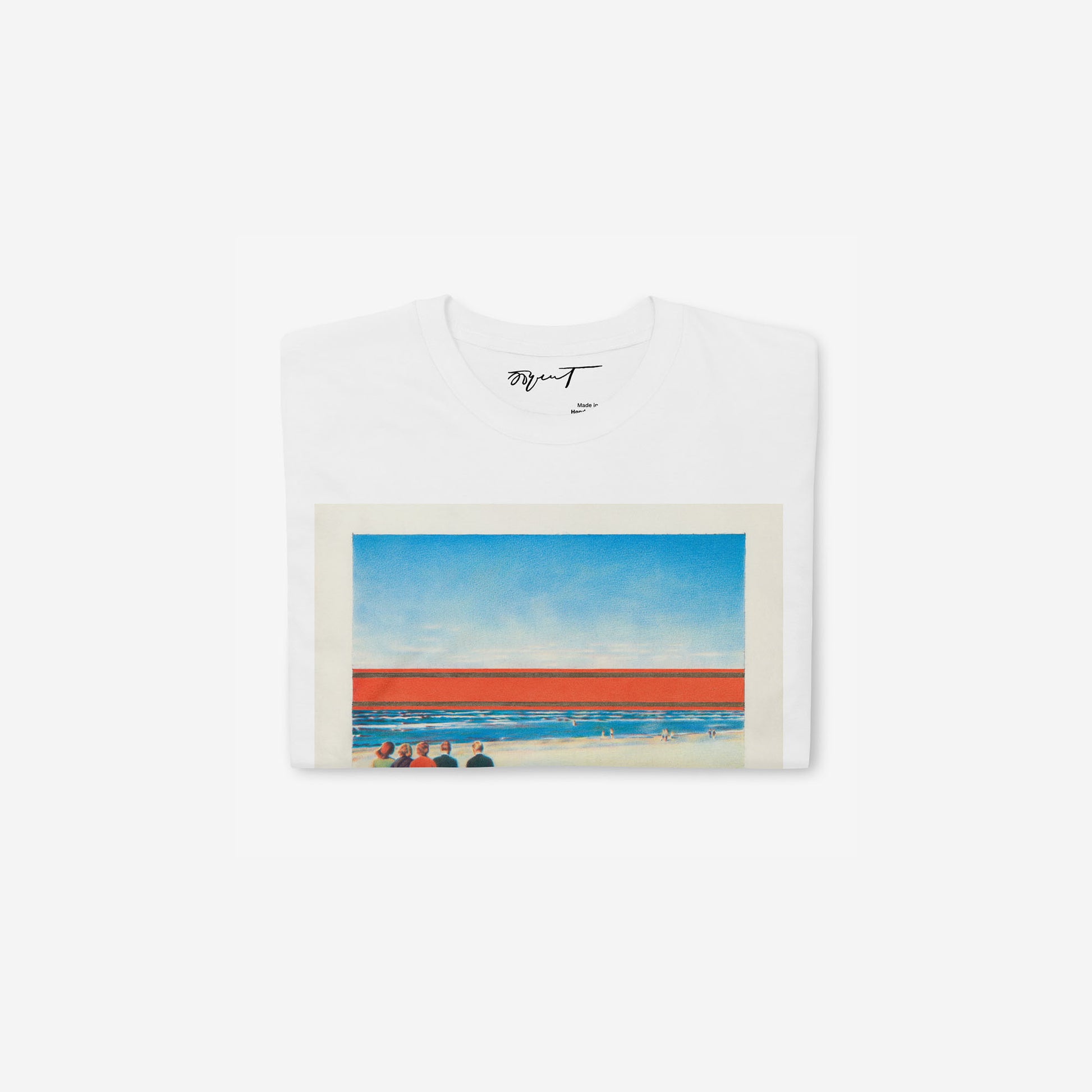 White unisex T-shitrt featuring large print of Erik Bulatov Red Horizon painting sketch  showing people walking toward a massive red and gold Soviet ribbon on a beach. Folded