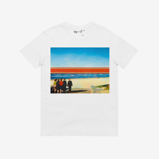 White unisex T-shitrt featuring large print of Erik Bulatov Red Horizon painting  showing people walking toward a massive red and gold Soviet ribbon on a beach