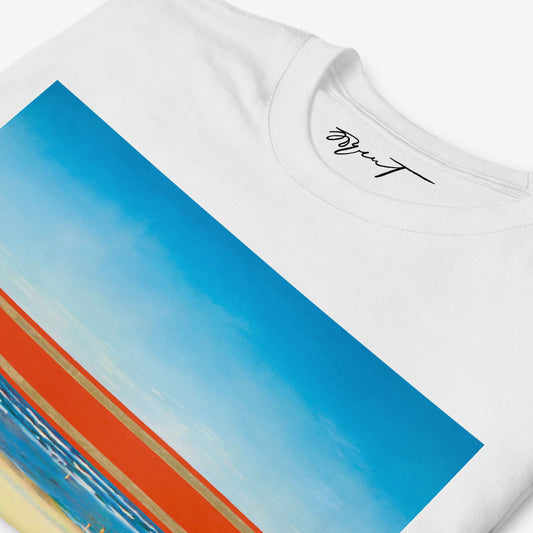 White unisex T-shitrt featuring large print of Erik Bulatov Red Horizon painting  showing people walking toward a massive red and gold Soviet ribbon on a beach. Closeup print details