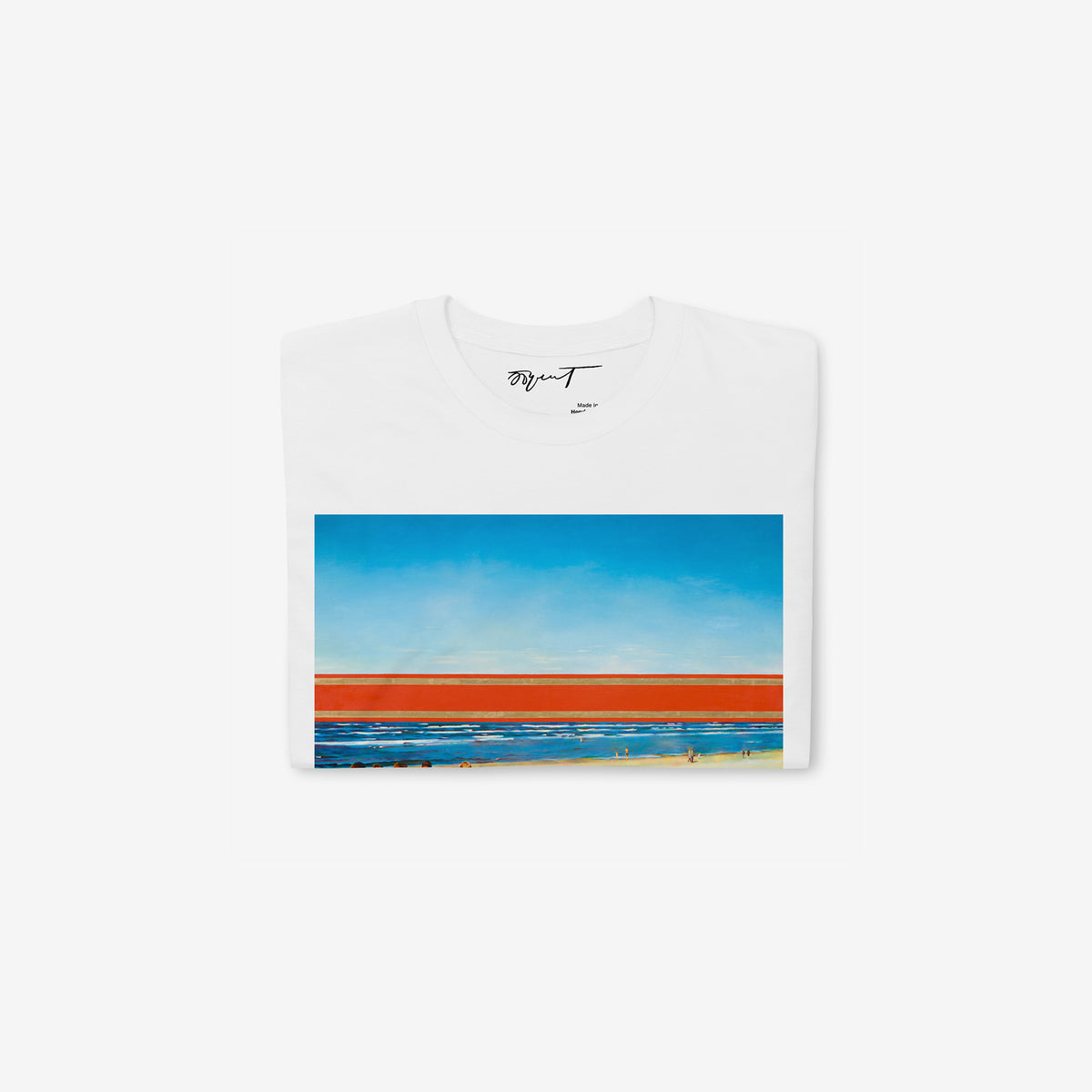 White unisex T-shitrt featuring large print of Erik Bulatov Red Horizon painting  showing people walking toward a massive red and gold Soviet ribbon on a beach. Folded